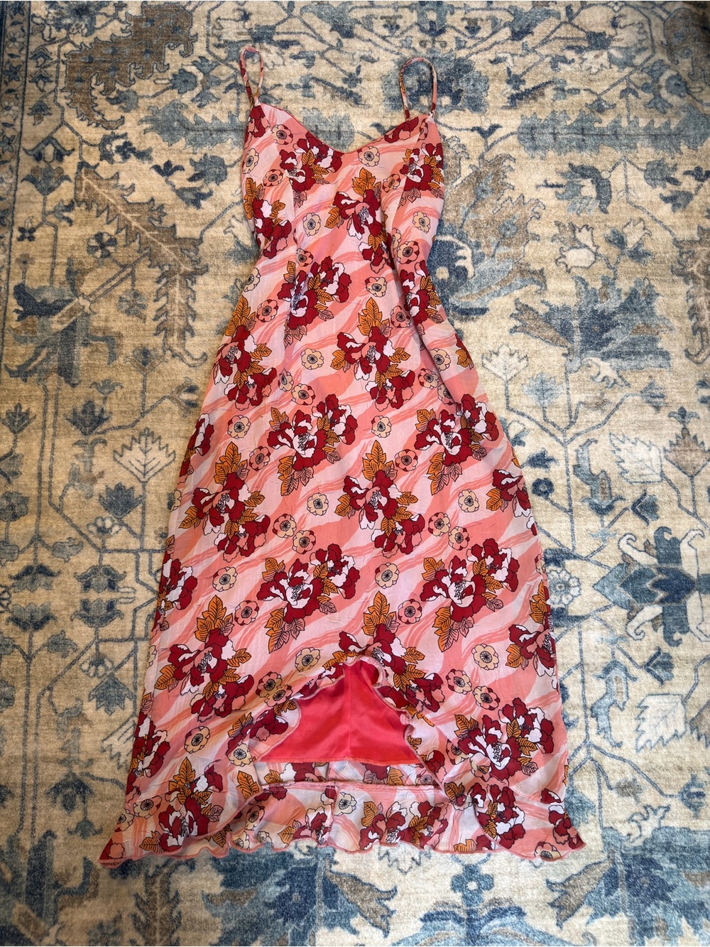 Vintage Floral Pink Midi Slip Dress with Spaghetti Straps